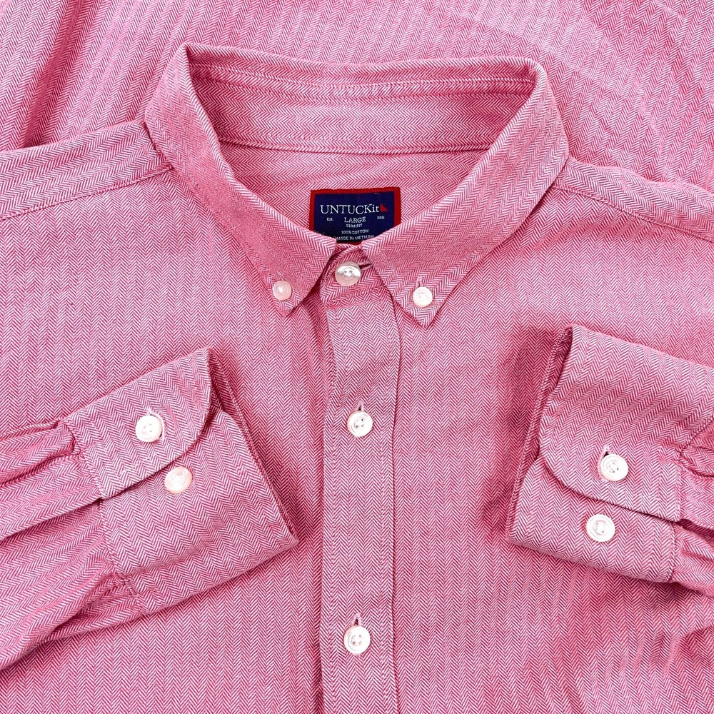 Untuckit Shirt Men Large Pink Slim Fit Button Up Dress Casual Cotton Herringbone
